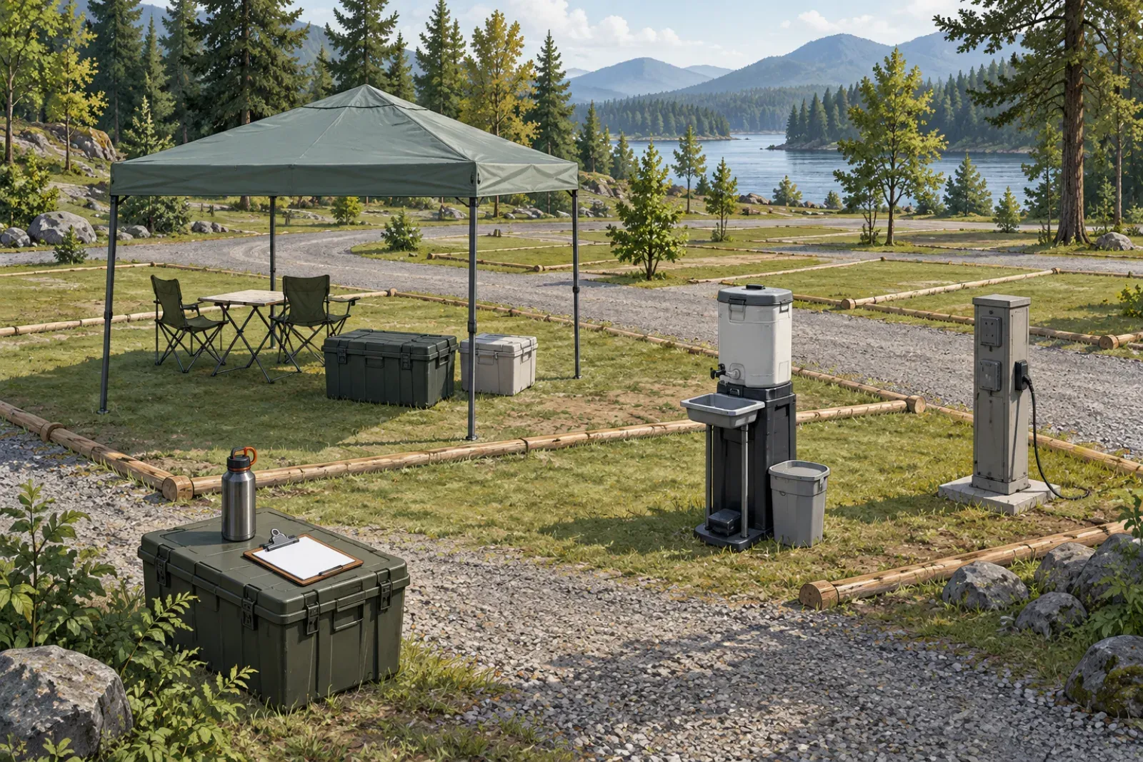 Elevated three-quarter view of a small campground being set up, with marked pitches, a canopy, a portable handwashing station, a site power pedestal, storage boxes and a clipboard on a crate.