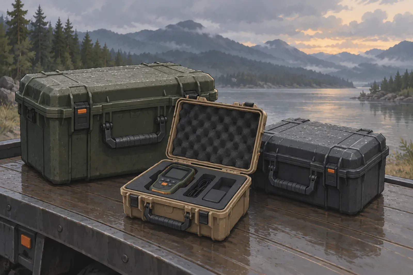 Three rain-spotted equipment cases on a wet deck beside a lake, one open to show a handheld device, a cable and a battery pack in foam cutouts.