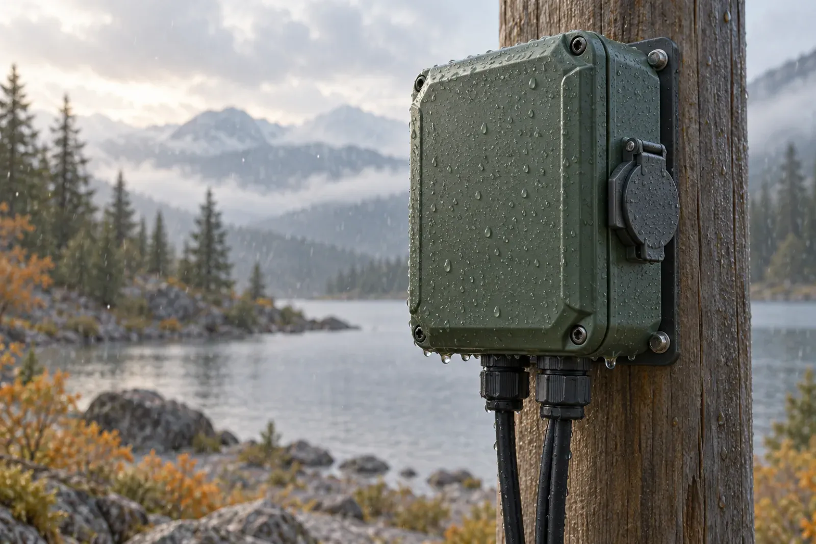 A generic sealed outdoor electronic enclosure with cable glands and a hinged port cover, mounted on a post in light rain with fine dust in the air.