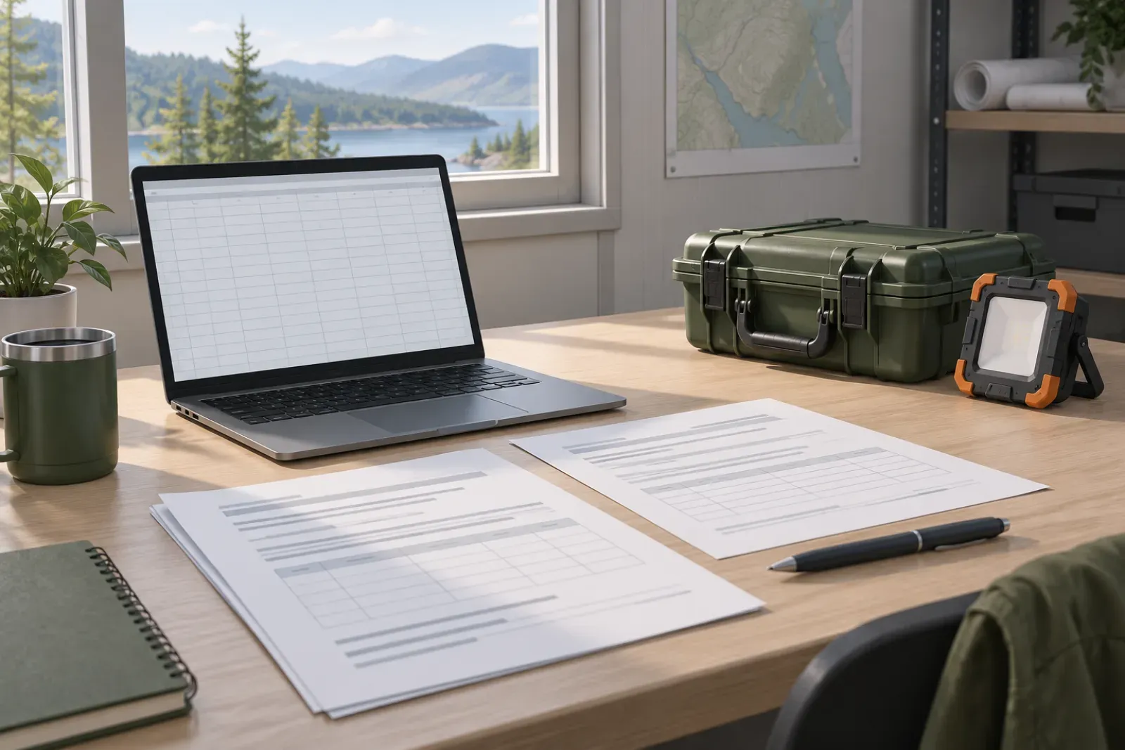 A desk with printed RFQ document pages, a laptop showing a blank spreadsheet-like grid, a closed rugged case, a work light and a pen.