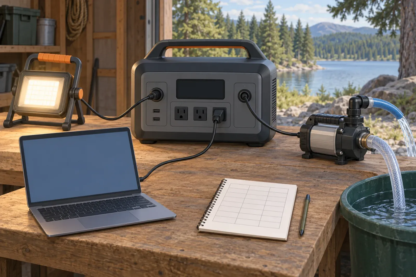 A generic portable power station on a workbench with a work light, a laptop and a small pump plugged in, and a notepad with a hand-drawn table beside it.