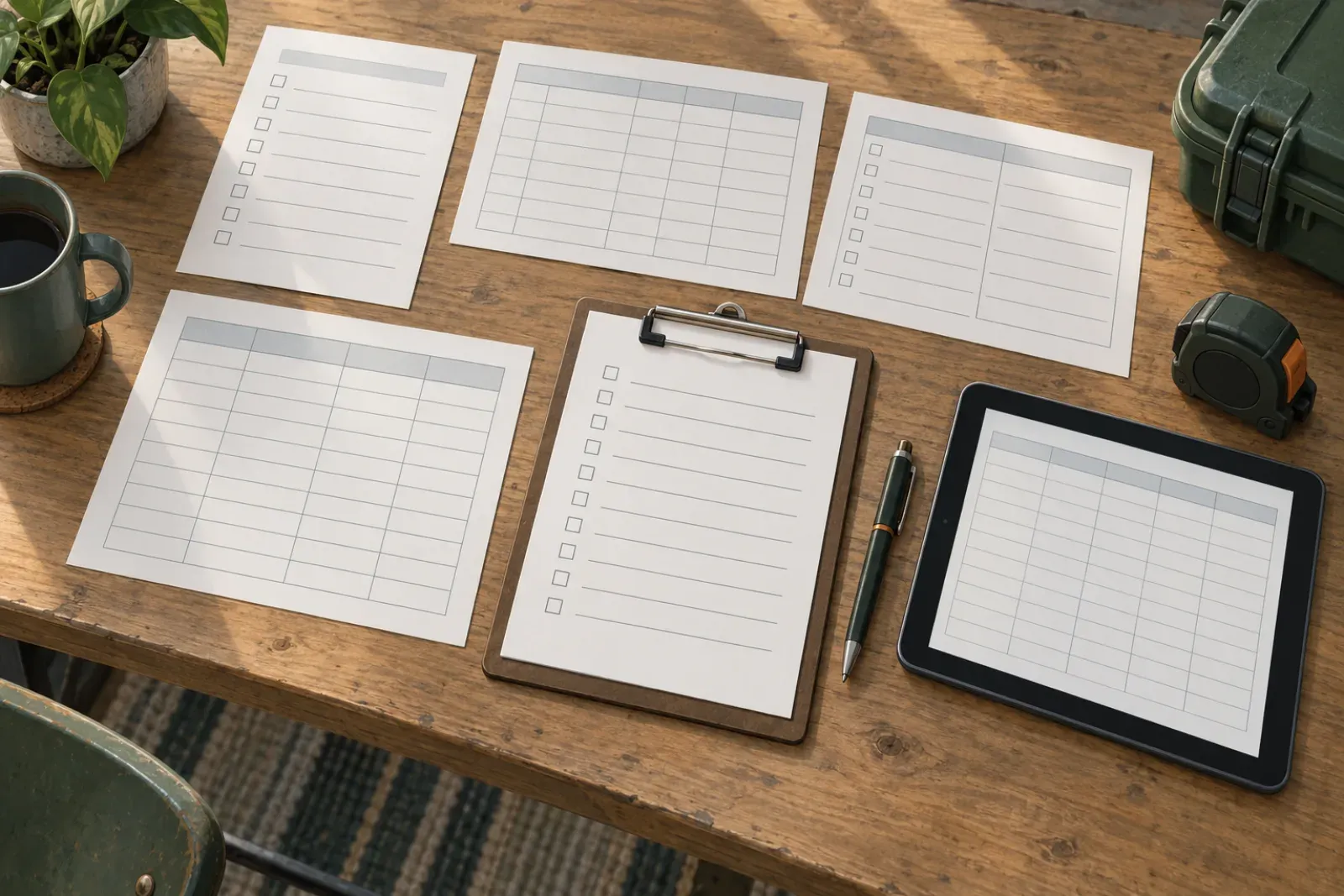 Stylized checklists, tables and a clipboard arranged on a desk, suggesting reusable planning templates.