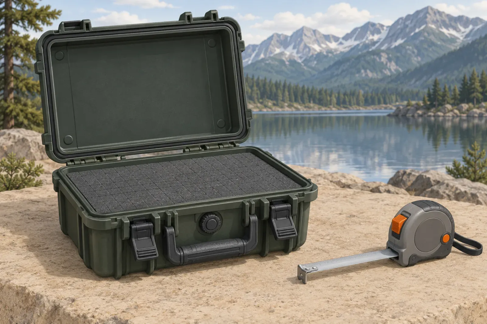An open rugged waterproof hard case at a three-quarter angle showing the lid gasket in its groove, two latches, a pressure-equalization valve and gray pick-and-pluck foam, with a tape measure beside it.